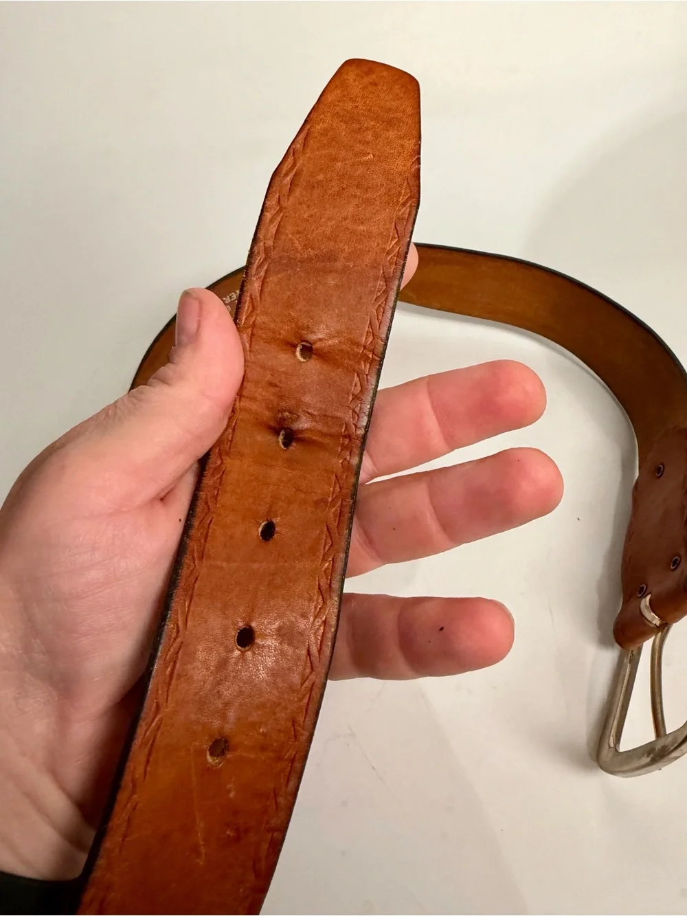 VTG Devonshire 34 1.5” Moccasin Elk Leather Belt Top Grain Silver Brass Buckle